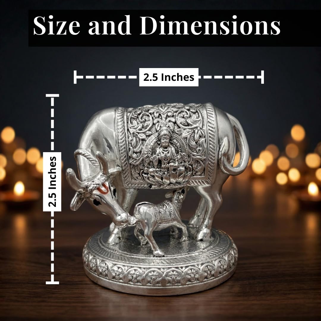 Silver Kamdhenu Cow with Calf Idol – Front View